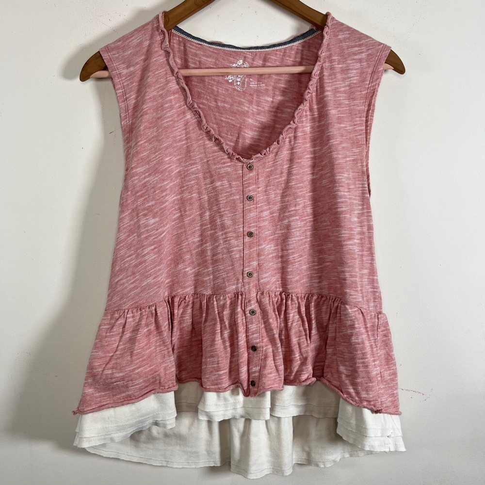 Pilcro Anthropologie Layered Ruffle Tank Top Heather Pink Womens Medium Boho - Picture 2 of 8